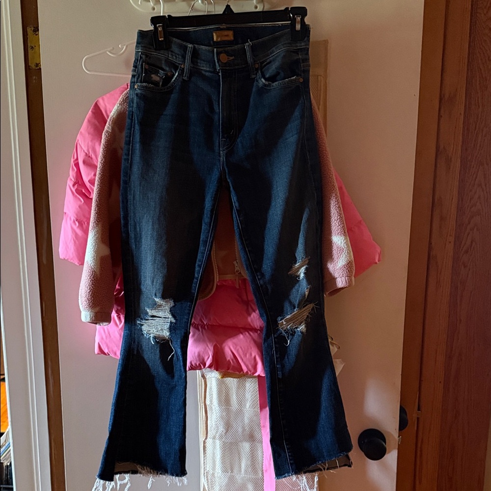 MOTHER Dark Blue Distressed Flare Jeans